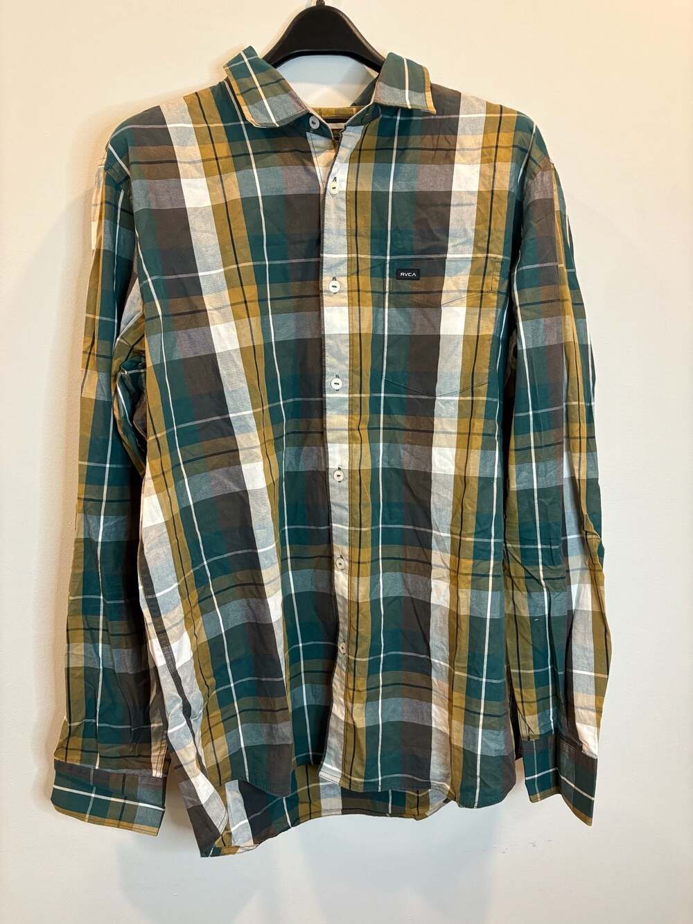 RVCA Plaid Long Sleeve Button Down Shirt Green and Mustard Yellow Regular Fit